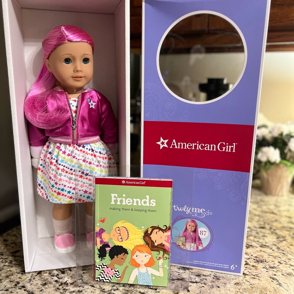 American Girl Doll with Hot Pink Hair and Star-Print Dress